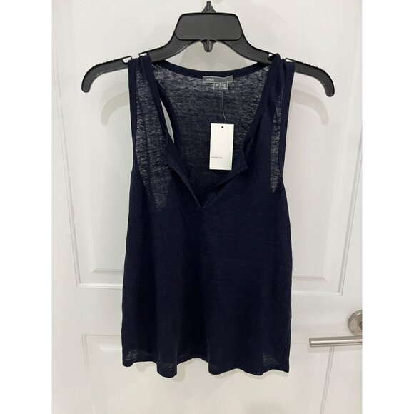 NWT Vince Navy Blue 100% Linen Sleeveless Tank Top Blouse Open V Neck Sz XS - Picture 1 of 6